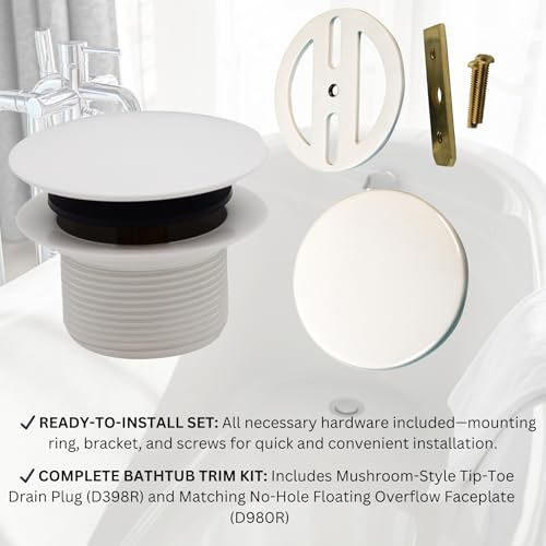 Westbrass A398RK-50 1-1/2" NPSM Coarse Thread Mushroom Tip-Toe Bathtub Drain Stopper with Illusionary Overflow Faceplate, Powder Coat White - color: Powder Coat White
