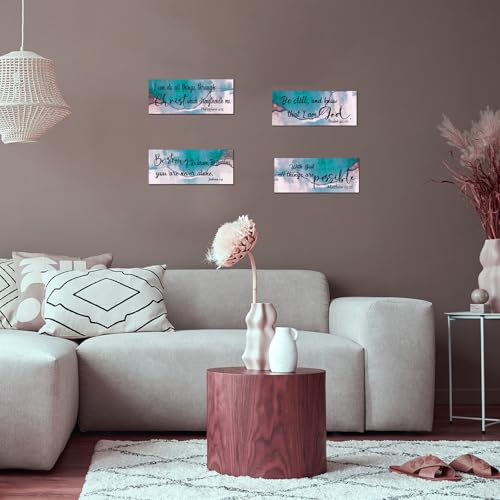 4 Pcs Teal Bathroom Decor Christian Wall Art Abstract Bible Verse Wall Decor Rustic Inspirational Wood Bathroom Accessories For Bedroom Kitchen Office(10 x 4 Inches, Teal) - color: Teal