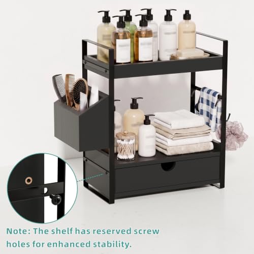 Kottwca 2-Tier Bathroom Counter Organizer with Drawer, Basket & Hooks, Wooden Vanity Shelf for Skincare, Perfume & Makeup Storage(Black) - color: Black