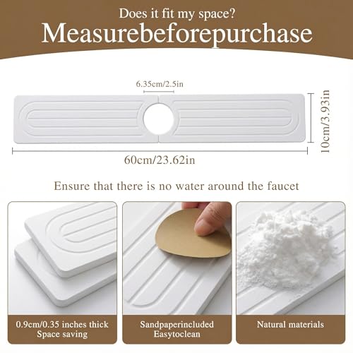 Diatomite Faucet Mat for Kitchen Sink, Quick-Dry Stone-Like Sink Mat, Flat Lay Absorbent Countertop Drying Mat for Faucet Area, Hard Diatomite Mat, White, 23.6 x 4 in - color: White2