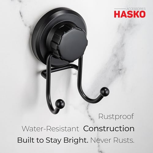 HASKO Suction Cup Hook for Shower, Stainless Steel Bathroom Suction Towel Hooks Hanger, Organizer for Towel, Bathrobe and Loofah, Includes Optional No Drill Adhesive Mount for Inside Shower, Black - color: Black (1 Pack)