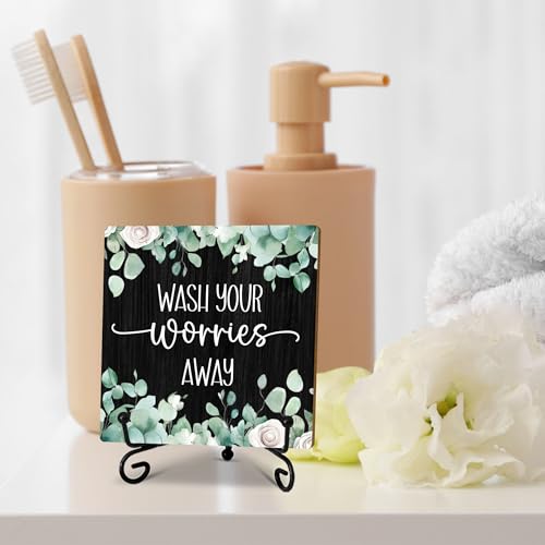5" Laundry Room Decor, Wash Your Worries Away Sign, Sage Green Bathroom, Black Bathroom Guest Bathroom Decoration, Funny Toilet Bathroom Plaque Sign Table Shelf Decor-A03 - color: Wash Your Worries-03