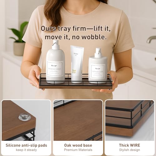 Bathroom Tray for Counter Top Organizer, Oak Wood Vanity Tray | Metal Frame for Dresser, Kitchen & Nightstand, Black & Brown Decorative Storage - color: Black & Brown, size: 11" x 4.5" x 1.5"