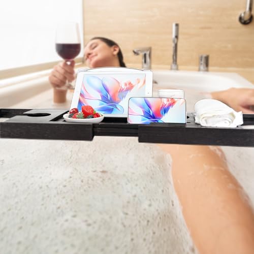 Utoplike Bamboo Bathtub Tray Caddy, Black Bath Tray Table for Tub, Adjustable Bathroom Organizer with Book Tablet Wine Glass Cup Towel Holder - color: Black