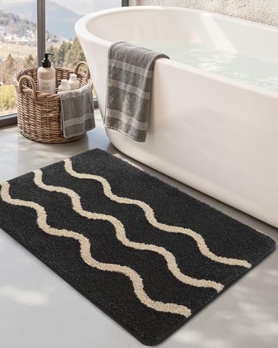 DEXI Wave Striped Bathroom Rug Washable, 32x20 Non Slip Bath Mat Absorbent, Ultra Soft Plush Microfiber Bathmat Quick Dry for Shower Floor, Tub, Sink, Black - color: Wave Stripes, size: 32" X 20" (Rectangular)