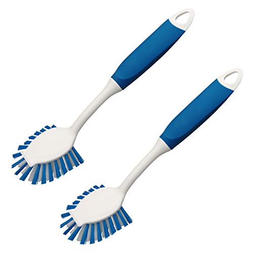 2-Pack Dish Brushes with Scraper, Durable Nylon Bristles Kitchen Scrub Brush, Dish Scrubber with Handle for Pans, Sink, Bathroom