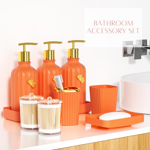 21PCS Bathroom Sets with Shower Curtain and Rugs Bathroom Accessories Set Orange Bathroom Set Complete with Trash Can, Toilet Brush, Qtip Holder & 3PCS Soap Dispenser - size: Bath Set+Marble Shower Curtain+Rugs, style: Orange
