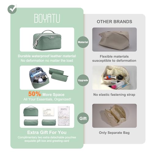 BOYATU Travel Makeup Bag Cosmetic Bags for Women: Large Capacity 3 Pcs Set Make up Bag with Compartments - Waterproof Vegan Leather Toiletry Organizer Bags with Handle (L10 Grass Green) - color: L10 Grass Green