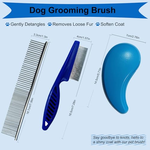 3 PCS Puppy Brush Grooming Kit, Stainless Steel Flea Comb, Fit for Yorkie, Shih Tzu, Maltipoo, Soft Bristle (Blue) - color: Blue