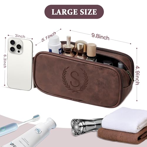 Travel Toiletry Bag For Mens PU Leather Engraved Initials (Dark Brown C) | Personalized Gifts For Father Husband Groomsmen Birthday Waterproof Dopp Kit Bag Beach Travel Essentials Bathroom Organizer - color: Dark Brown, style: C