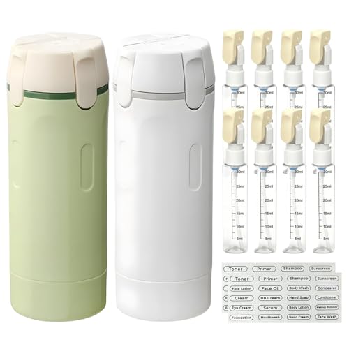 4 in 1 Travel Dispenser, 4 Pack 30ML Travel Bottles with Measurement Scale & Label Stickers for Toiletries, Leak Proof Dispenser Bottle Containers for Shampoo Lotion Conditioner Cream (Green+White) - color: Green+White