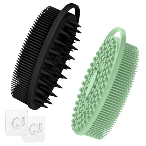 Soft Silicone Body Scrubber Set, 2PCS Dual-Side Silicone Loofah for Gentle Exfoliating and Scalp Massaging, Hygienic Shower Scrubber Shampoo Brush for Kids, Women, Sensitive Skin(Black+Green) - color: Black+green