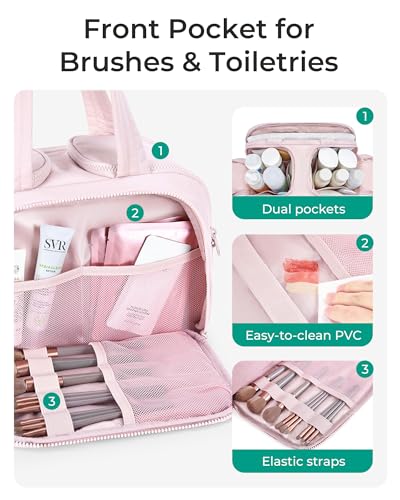 BAGSMART Travel Toiletry Bag, Crush Toiletry Bag for Women, Wide-open Puffy Toiletry Bags for Traveling, Large Travel Cosmetic Makeup Bag Organizer for Accessories,Toiletrie, Pink - color: d-Pink