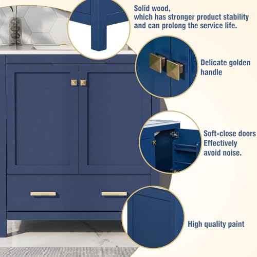 Linique 30" Modern Bathroom Vanity with Sink Combo Set, Solid Wood Frame Bathroom Storage Cabinet with 2 Soft Closing Doors and a Drawer, Multifunctional Storage, Blue - color: Blue