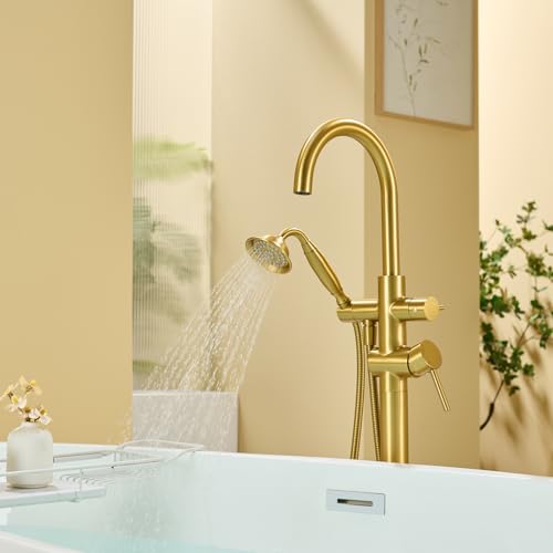 Wowkk Tub Filler Freestanding Bathtub Faucet Brushed Gold Floor Mounted Brass Bathroom Tub Faucets with Hand Shower - color: Brushed Gold
