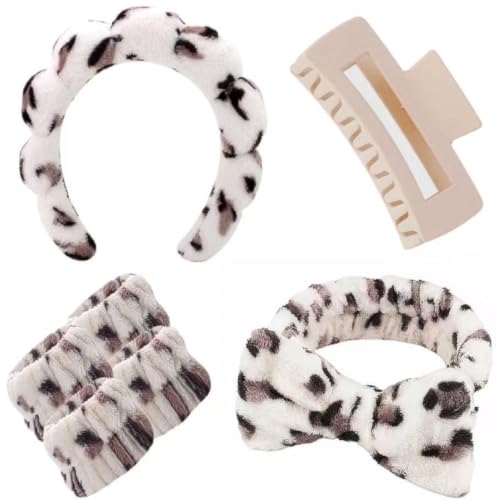 7 Pcs Spa Set, Facial Headband and Wristband Set, Skincare Accessories, College Style Girl Idea Gifts, Hair Accessories for Women and Girls （Beige Leopard ） - color: Beige Leopard