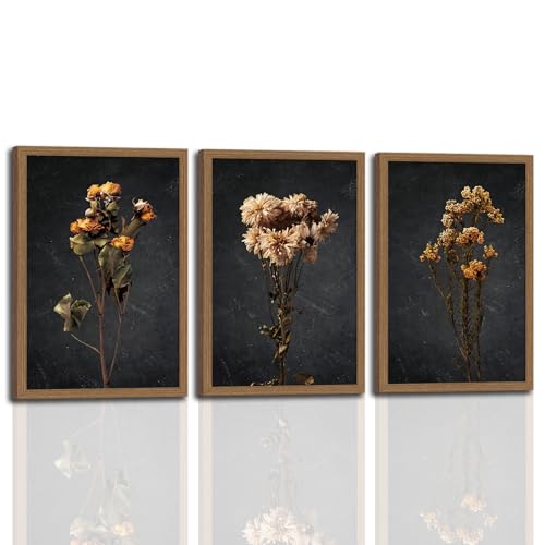 3Pcs Framed Vintage Wall Art Prints, Retro Moody Floral Botanical Canvas Painting Farmhouse Decor, Black Dark Classical Flower Wall Art for Bathroom, Bedroom, Living Room, Gallery,12x16in - color: Vintage Dried Flower Wall Art, size: 12x16 Inches