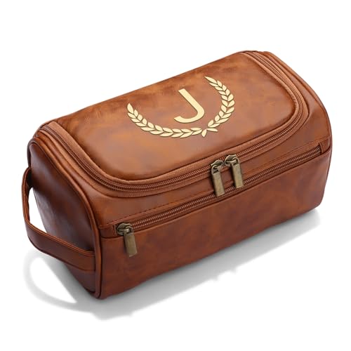 OXYEFEI Personalized Toiletry Bag for Men,Personalized Gifts for Men,Engraved Initial PU Leather Mens Toiletry Travel Shaving Travel Essentials Toiletries Bag for Him Birthday (J, Light Brown) - color: Light Brown, style: J