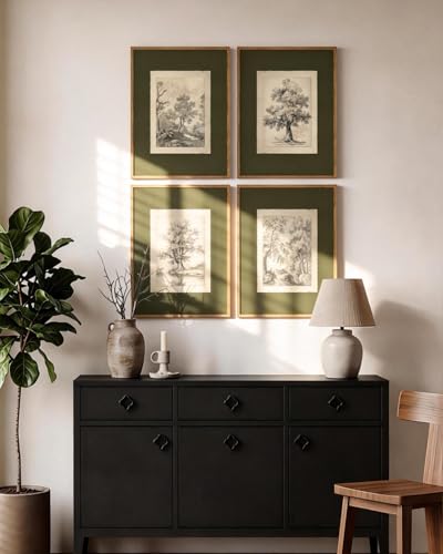 InSimSea 4 pcs Framed Wall Art, Vintage Sketch Tree Canvas Prints, Bathroom Kitchen Sage Green Nature Decor, Neutral Toned, Rustic Shelf Decor, Small Size,11x14in - color: green Sketch tree