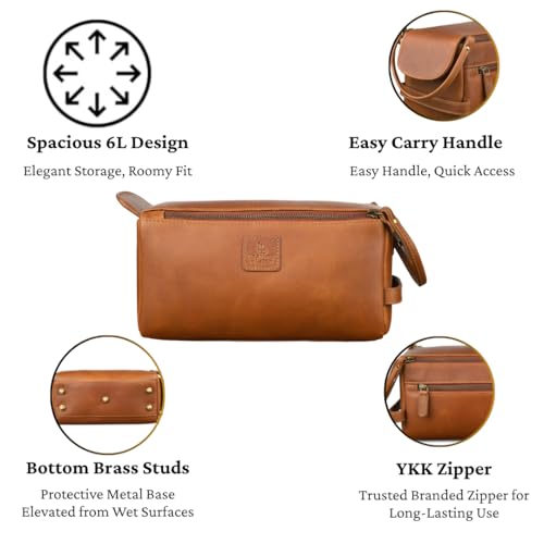 Full Grain Leather Toiletry Kit for Men & Women – Travel Toiletries & Shaving Bag Organizer, Water-Resistant Grooming Case for Bathroom, Makeup & Cosmetic Storage - Cognac Brown - color: Cognac Brown