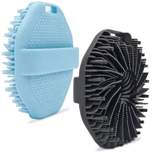 2 Pack Silicone Body Scrubber, Premium Silicone Loofah, Body Scrubber Exfoliator, Silicone Shower Scrubber with Non-Slip Hand Strap for All Skin Types (Black & Blue) - color: Black & Blue