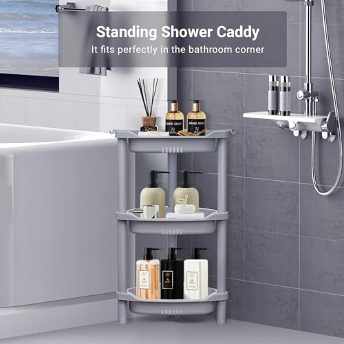 ELYKEN 3 Tier Shower Caddy Organizer Shelf Corner, 14.4 x 11.2 x 22.4 Inches, Rustproof, Plastic Shower Rack Stands for Inside Bathroom, Bathtub, Shower pan, Grey - color: Grey, size: 3-Tier