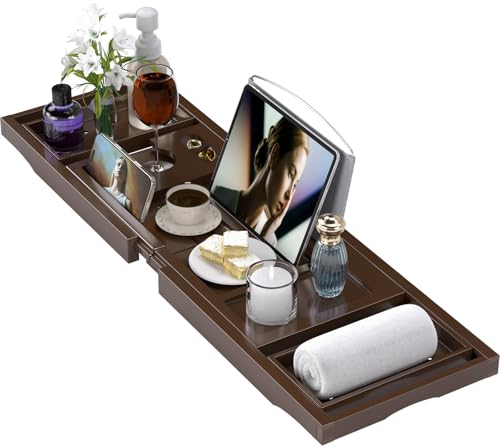 Bathtub Tray Caddy, Expandable Bath Trays for Tub, Bamboo Shelf & Table with Wine Glass Holder,Bathroom Accessories for New Home & Mothers Day & Birthday Gifts for Mom,Brown - color: Brown