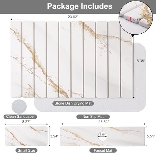 3 PCS Large Stone Dish Drying Mat for Kitchen Counter, Quick Dry Stone Dishes Mats, Sink Faucet Mat, Marble Water Absorbing Diatomaceous Earth Drying Pad for Countertop Tableware, Bottles - color: White Gold Marble