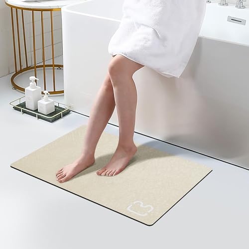 RUERYA Diatomaceous Earth Bath Mat Rugs 23.6 x 15.7 inch, Quick Dry Super Absorbent Non Slip Rubber BottomThin Bathroom Mat Fit Under Door, Floor Rugs in Front of Bathtub,Shower Room,Sink, Beige - color: Beige, size: 1'4" x 1'11" (Rectangular)