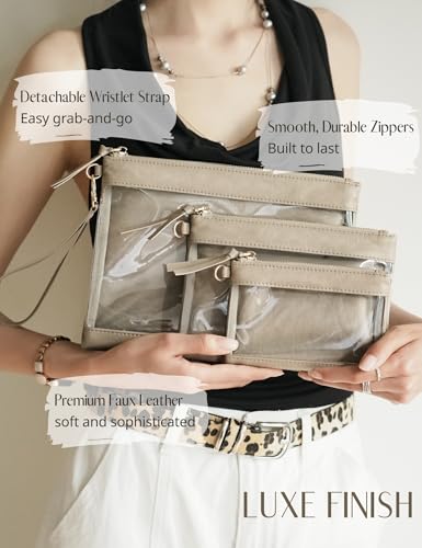 Popvibe Clear Travel Bag Organizer Pouches Set 3 Pack Clear Makeup Bag with Zipper Travel Pouch Car Toiletry Bag for Women Transparent Cosmetic Bag for Traveling, Taupe - color: Taupe