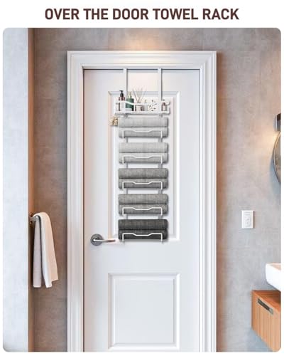 Aetyord Hanging Towel Racks for Bathroom No Drill - Over The Door 6-Tier Bath Towel Storage Organizer for Small Bathrooms - Back Door Large Tiered Towel Holder Hanger for Rolled Towels RV Camper White - color: White, size: 6 tier