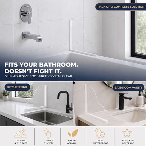 Shower Corner Splash Guard, 9.25" x 9.25" Clear Acrylic Tub and Shower Corner Water Barrier with Silicone Base, No-Drill Removable Design — Pack of 2
