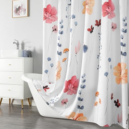 QiyI Watercolor Floral Shower Curtain, 3D Embossed Butterflies Peach Pink Flower Bathroom Curtain, Minimalist White Cloth Bath Curtain, Waterproof Fabric Textured Shower Curtain Set with Hooks, 72x72 - color: Blush Peach, size: 72"W x 72"L (Pack of 1)