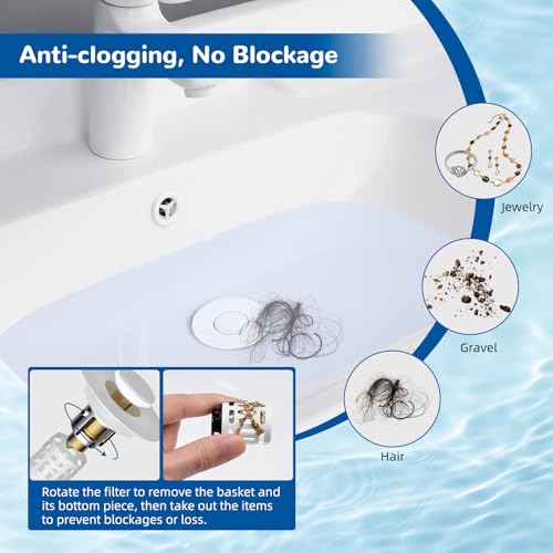 Hibbent Upgraded 3 in 1 Bathroom Sink Drain Strainer, Universal Pop Up Stopper with Removable Stainless Steel Filter Basket Hair Catcher, Sink Plug for 1.1''~2.36'' Basin, Brass Bullet Core, White - color: White