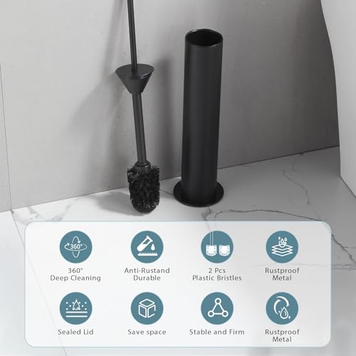 BGL Toilet Brush and Holder Set, Heavy Duty 304 Stainless Steel, Round Base and Long Handle for Bathroom Deep Cleaning, Drip-Proof, Space Saving for Storag, Black - color: Matte Black