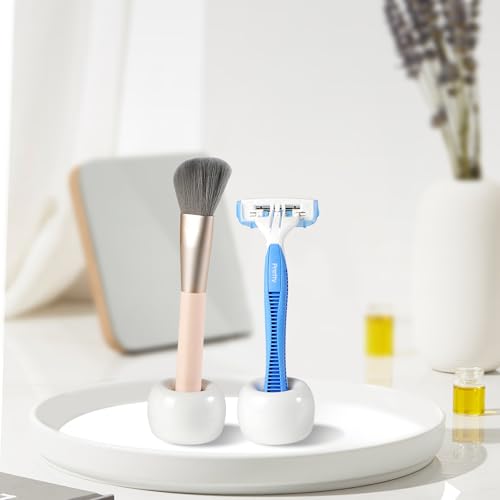 SheeChung Mini Ceramic Toothbrush Holder, Small Handmade Couple Toothbrush Stand for Bathroom Vanity Countertop Travel Camper, Bathroom Organizers and Storage, 2 Pack, White - color: White