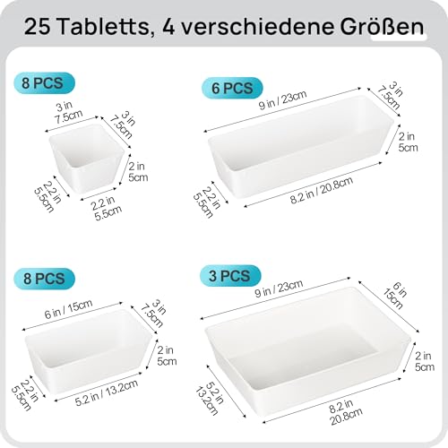 Vtopmart 25 PCS Plastic Drawer Organizers Set, 4-Size Versatile Bathroom and Vanity Drawer Organizer Trays, Storage Bins for Makeup, Bedroom, Kitchen Gadgets Utensils and Office - color: White