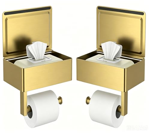 FORIOUS Toilet Paper Holder with Shelf, Sanitary Napkin Receptacle Tampon Holder, Wall Mount Toilet Paper Holder with Storage, Flushable Wipes Dispenser Fits for Bathroom Commercial(2, Brushed Gold) - color: Brushed Gold, size: 2 Pack-8" (L)