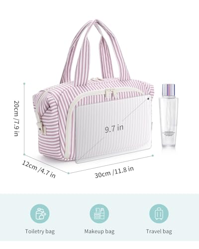 Narwey Travel Toiletry Bag for Women, Wide Open Large Makeup Bag, Cosmetic Bag Make Up Organizer with Handle, Wet Pocket for Towel, Travel Bag for Toiletries, Brushes, Essentials (Dusty Pink Stripe) - color: Y-Dusty Pink Stripe