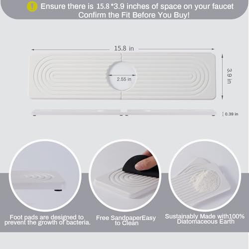 Stone Faucet Mat for Kitchen Sink, Faucet Mat Fast Drying Diatomite, Sink Splash Guard Water Absorbing Stone Tray for Sink, Counter Protector for Kitchen & Bathroom - color: White.15.8" x 3.9"