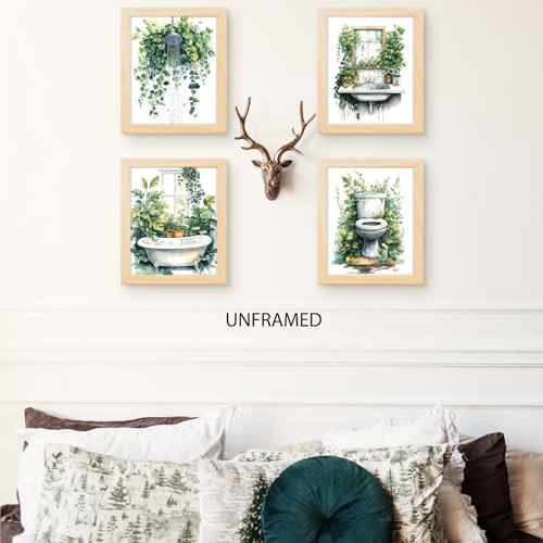 PUHEI Botanical Bathroom Wall Art Prints Set of 4, Sage Green Funny Floral Bathroom Wall Posters Decor,Sage Green Botanical Wall Decoration Poster Prints (8x10 Inches UNFRAMED)