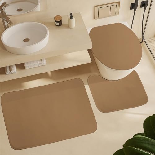 Bathroom Rugs Set 3 Piece Minimalist Solid Brown Bath Rug Mat Set, Non Slip Absorbent Bathroom Decor Mat, Toilet Lid Cover & U Shaped Contour Rug - color: Brown, size: 1'8" x 2'6" (Rectangular)