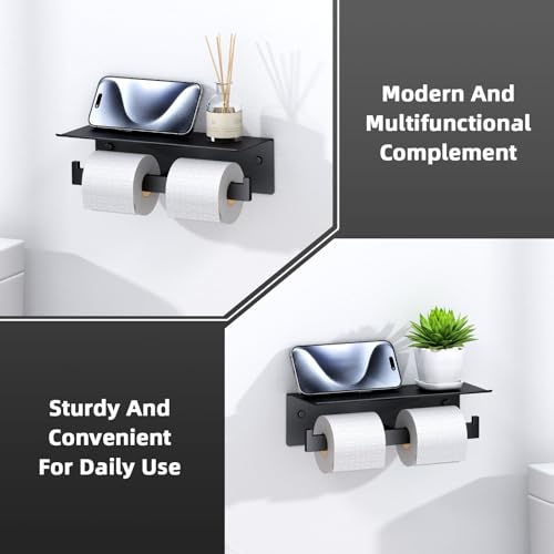 Angle Simple Matte Black Toilet Paper Holder with Shelf, 304 Stainless Steel Double Toilet Tissue Roll Holder for Wall - color: Matte Black, size: Double Rod