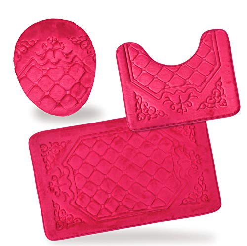 All American Collection 3PC Memory Foam Bath Mats Soft Plush Crown Design Anti-Slip Shower Bathroom Contour Toilet Lid Cover Rugs (HOT Pink) - color: Hot Pink