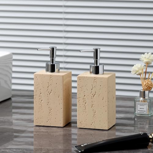 Soap Dispenser14OZ, Travertine Stone Look, 2PCS, Yellow | Luxurious, Modern, Refillable, For Hand Soap, Dish Soap, Lotion, with Rustproof Pump for Bathroom Countertop Kitchen Sink - color: Yellow