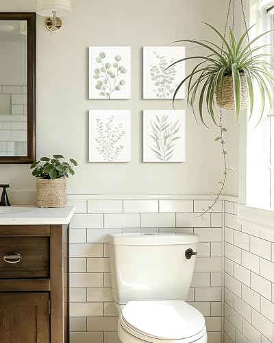 KUVIOKE Botanical Framed Boho Wall Art Bathroom Plants Wall Decor Green Sage Eucalyptus Leaf Prints Minimalist Aesthetic Ready to Hang Set of 4, 8x10 in (Framed) - color: Sage Plants - Standard, size: 8 x 10in x 4 Panels