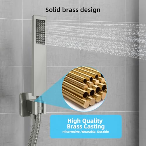 Bathroom Shower Faucet Set，10 Inch Rain Shower Head with Handheld Spray，Brass Shower Valve Trim Kit，Wall Mounted Square Rain Shower System (Brushed Nickel) - color: Brushed Nickel, size: 10 Inch Shower Head