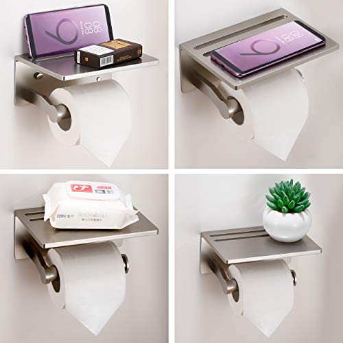 Toilet Paper Holder with Shelf and 2 Towel Hooks - Self Adhesive Toilet Paper Storage - Tissue Roll Holder with Phone Shelf - Wall Mount Toilet Roll Bathroom Organizer - Brushed Nickel - color: Brushed Nickel - 2 Hooks