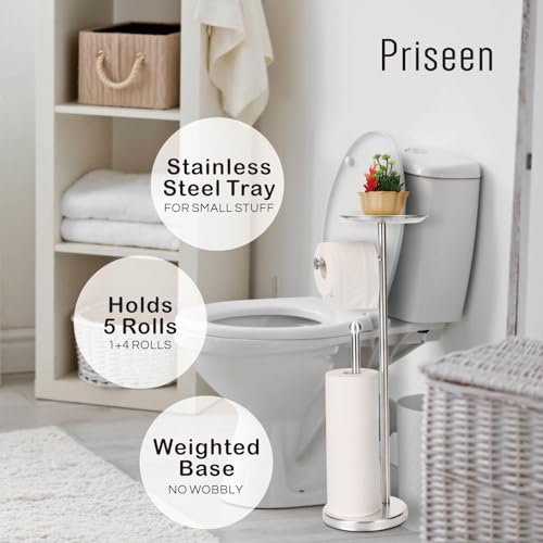 Toilet Paper Holder Stand with Phone Shelf, Freestanding TP Holder, Holds 5 Rolls, Stainless Steel (Brushed Nickel) - color: Brushed Nickel