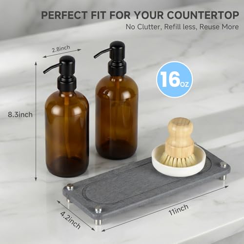 2 Pack Kitchen Soap Dispenser Set - 16oz Amber Glass Dish and Hand Soap Dispenser with Stainless Steel Pump, Instant Dry Tray, Dish Brush & Holder, Refillable Countertop Sink Decor for Kitchen & Bath - color: Amber